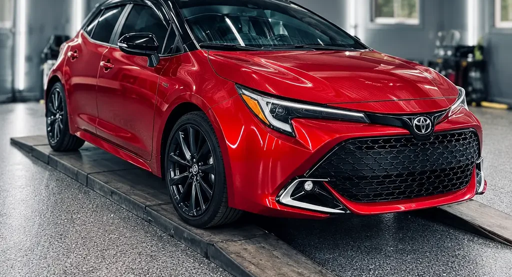 Toyota Corolla rouge protégée par PPF, vue avant