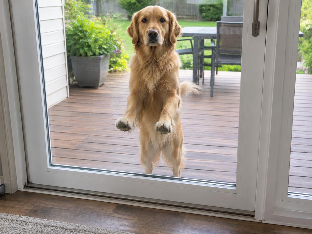 Chien appuyant ses pattes sur la vitre d'une porte-patio